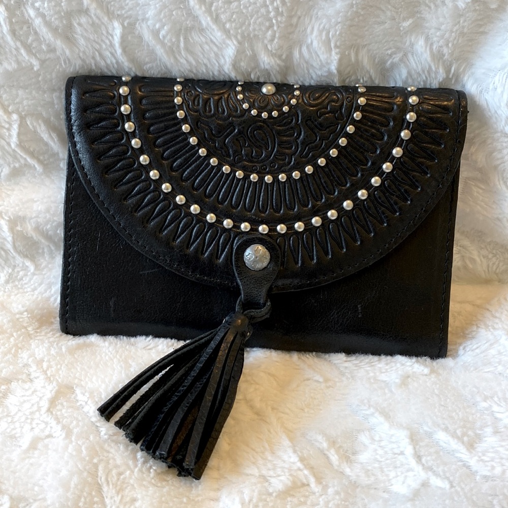 Patricia Nash Colli black leather studded clutch wallet purse.